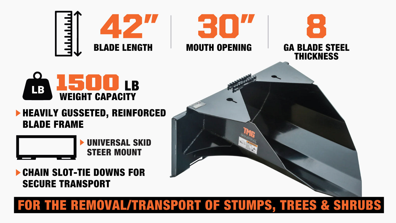 TMG Industrial 42” Heavy-Duty Skid Steer Tree Scoop, 1500-lb Capacity, Chain Slot, 30” Mouth Opening, High Abrasive Cut Edge, TMG-TS42-description-image