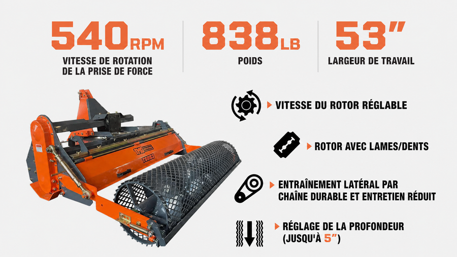 Enfouisseur de pierres rotatif 53", profondeur de travail de 5", 28-40 CV, arbre de PDF inclus, TMG-TSB53