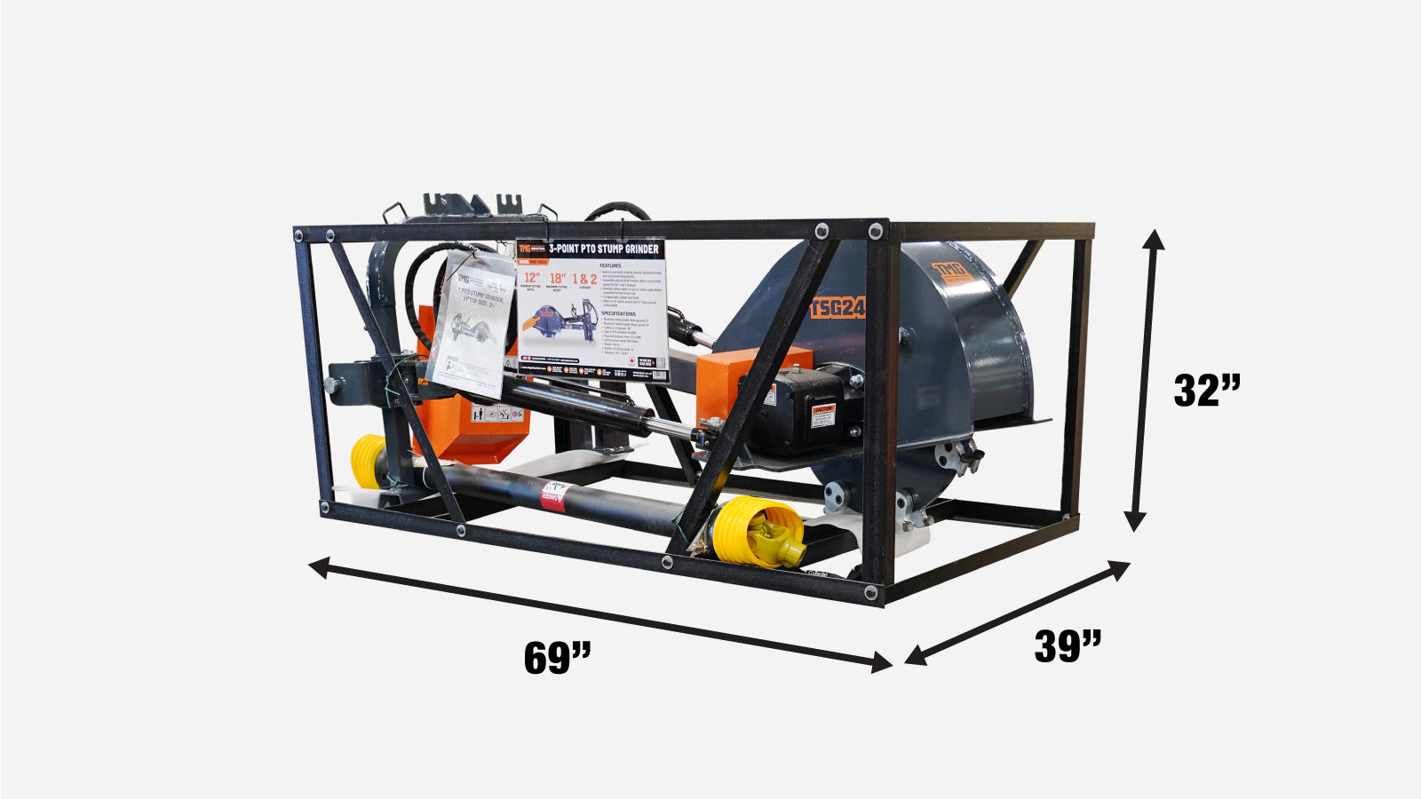 TMG Industrial 3-Point PTO Stump Grinder, 20-60 HP, Cat 1 & 2 Hookups, 12” Below & 18” Above Ground, 40° Cutting Arc, TMG-TSG24-shipping-info-image