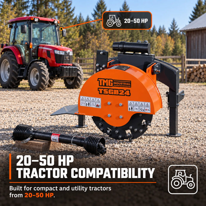 24" Stump Grinder, 3-Point Hitch Category 1, 34 Tungsten Carbide Teeth, for 20-50 HP Tractors, PTO Shaft Included, TMG-TSGB24