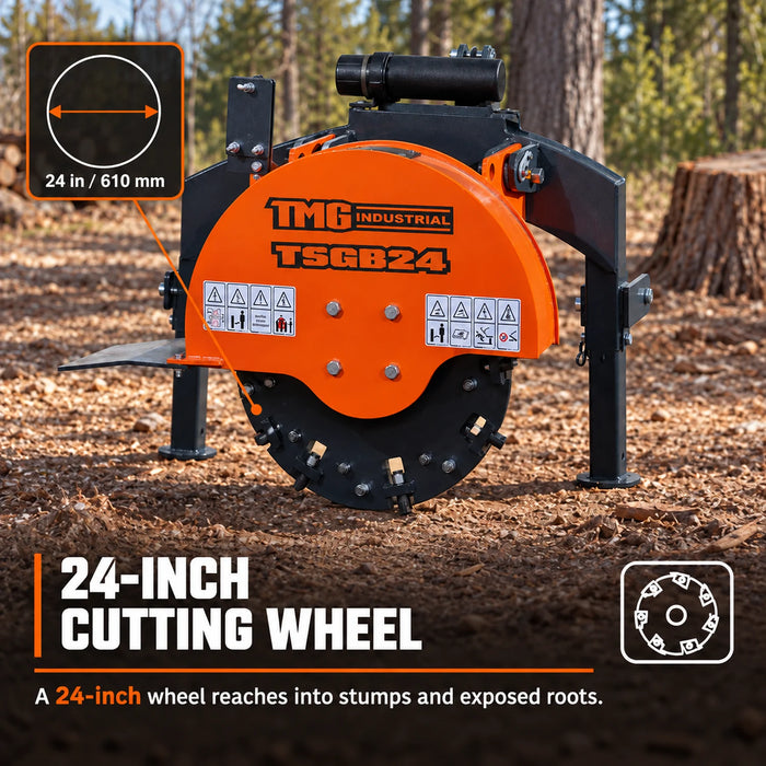 24" Stump Grinder, 3-Point Hitch Category 1, 34 Tungsten Carbide Teeth, for 20-50 HP Tractors, PTO Shaft Included, TMG-TSGB24