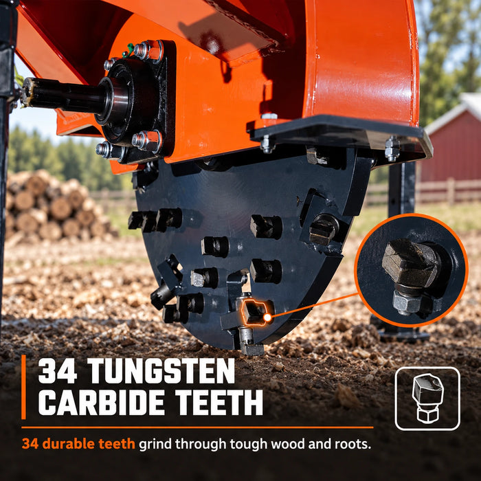 24" Stump Grinder, 3-Point Hitch Category 1, 34 Tungsten Carbide Teeth, for 20-50 HP Tractors, PTO Shaft Included, TMG-TSGB24
