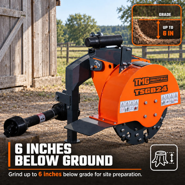 24" Stump Grinder, 3-Point Hitch Category 1, 34 Tungsten Carbide Teeth, for 20-50 HP Tractors, PTO Shaft Included, TMG-TSGB24