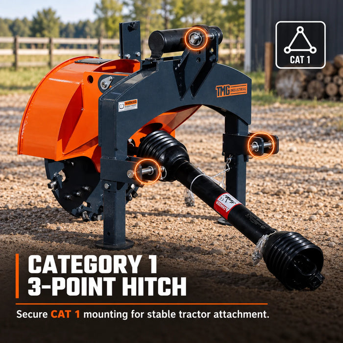 24" Stump Grinder, 3-Point Hitch Category 1, 34 Tungsten Carbide Teeth, for 20-50 HP Tractors, PTO Shaft Included, TMG-TSGB24