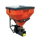 Opposite front angled view of the TMG-TSS300 salt spreader showing the covered orange hopper, model label and spinner disc above the lower guard.