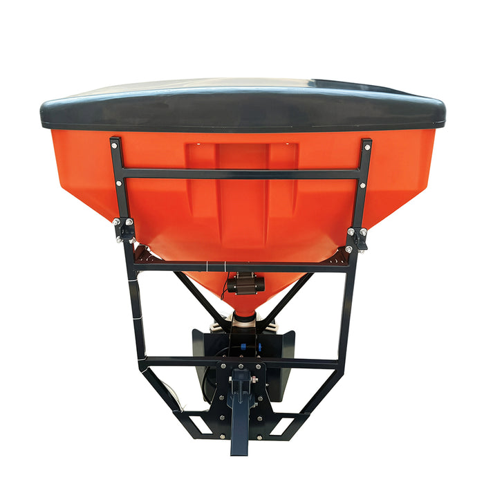 Rear view of the TMG-TSS300 salt spreader showing the black support frame, hopper cover, mounting brackets and receiver hitch arm.