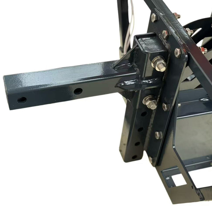 Close-up of the TMG-TSS300 salt spreader receiver hitch arm and bolted mounting bracket with vertically spaced adjustment holes.