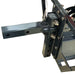 Close-up of the TMG-TSS300 salt spreader receiver hitch arm and bolted mounting bracket with vertically spaced adjustment holes.