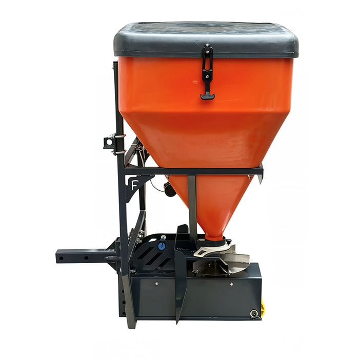 Side profile of the TMG-TSS300 salt spreader showing the hopper lid latch, tapered hopper, support frame, spinner disc and hitch arm.