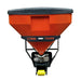 Straight front view of the TMG-TSS300 salt spreader showing the covered orange hopper, TSS300 model label, spinner disc and yellow lower roller.