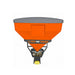 Front product view of the TMG-TSS300 truck tailgate salt spreader with an orange hopper, grey cover, black frame and spinner assembly on a white background.