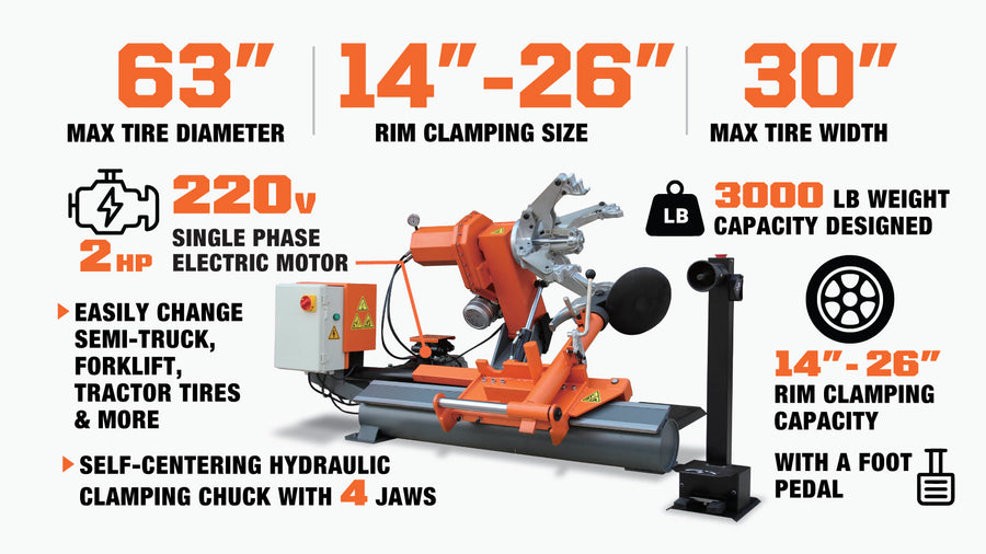 26" Heavy Duty Truck Tire Changer, 63" Tire Capacity, Bead Breaker w/Disk & Bead Hook, 3300 lb Weight Capacity, Portable Controls w/ Foot Pedal, CSA certified Motors, TMG-TTC26