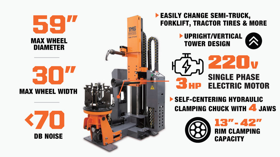 TMG Industrial 42" Heavy Duty Truck Changer de pneu, capacité de pneu de 59", conception de tour verticale/verticale, brise-talon avec disque et crochet de talon, moteur certifié CSA, TMG-TTC42