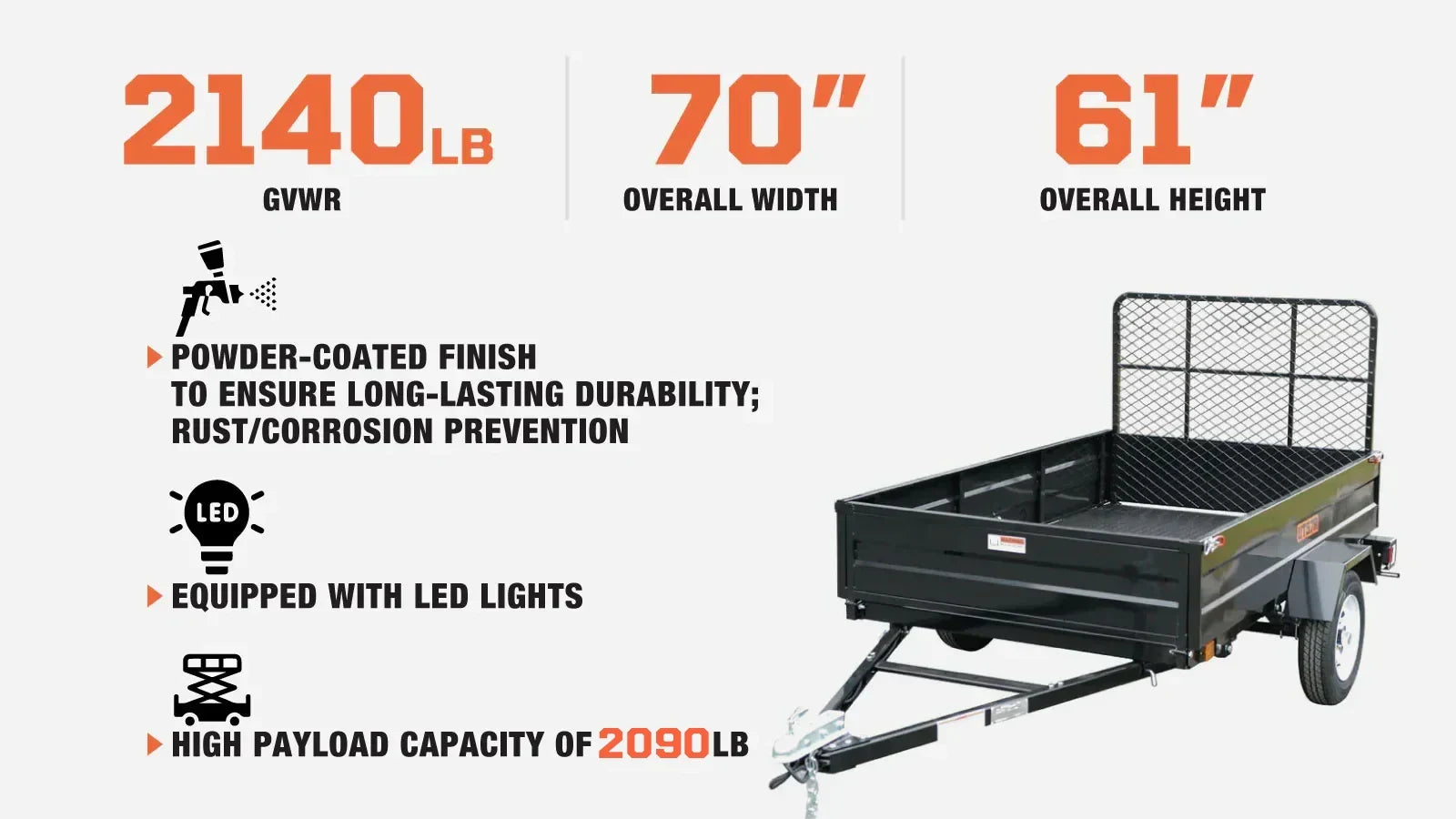 5' x 7' Single Axle Utility Trailer w/Ramp, 2090 Lb Payload Capacity, Robust Construction, Powder Coated, LED Lights, Compact Size, 2