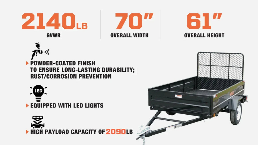5' x 7' Single Axle Utility Trailer w/Ramp, 2090 Lb Payload Capacity, Robust Construction, Powder Coated, LED Lights, Compact Size, 2" Coupler, TMG-UT57R (Discontinued – No Longer Available)