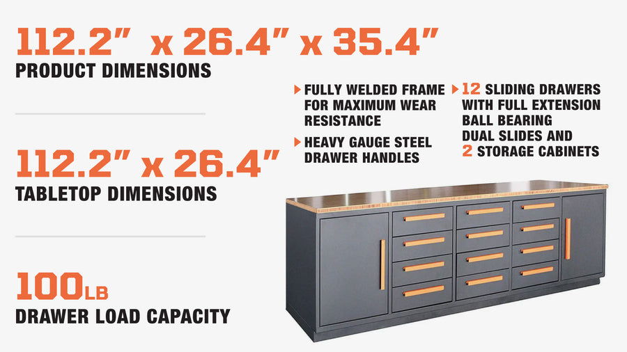 Heavy Duty 10-FT 12 Drawer Bamboo Table Top Workbench, Two Cabinets, All-in-One Welded Frame, Ball Bearing Slides, TMG-WB10B (Discontinued – No Longer Available)