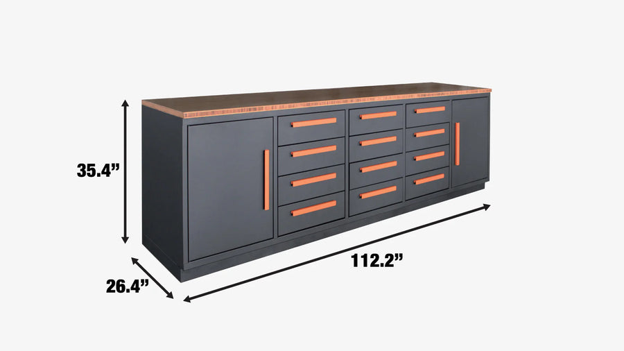 Heavy Duty 10-FT 12 Drawer Bamboo Table Top Workbench, Two Cabinets, All-in-One Welded Frame, Ball Bearing Slides, TMG-WB10B (Discontinued – No Longer Available)