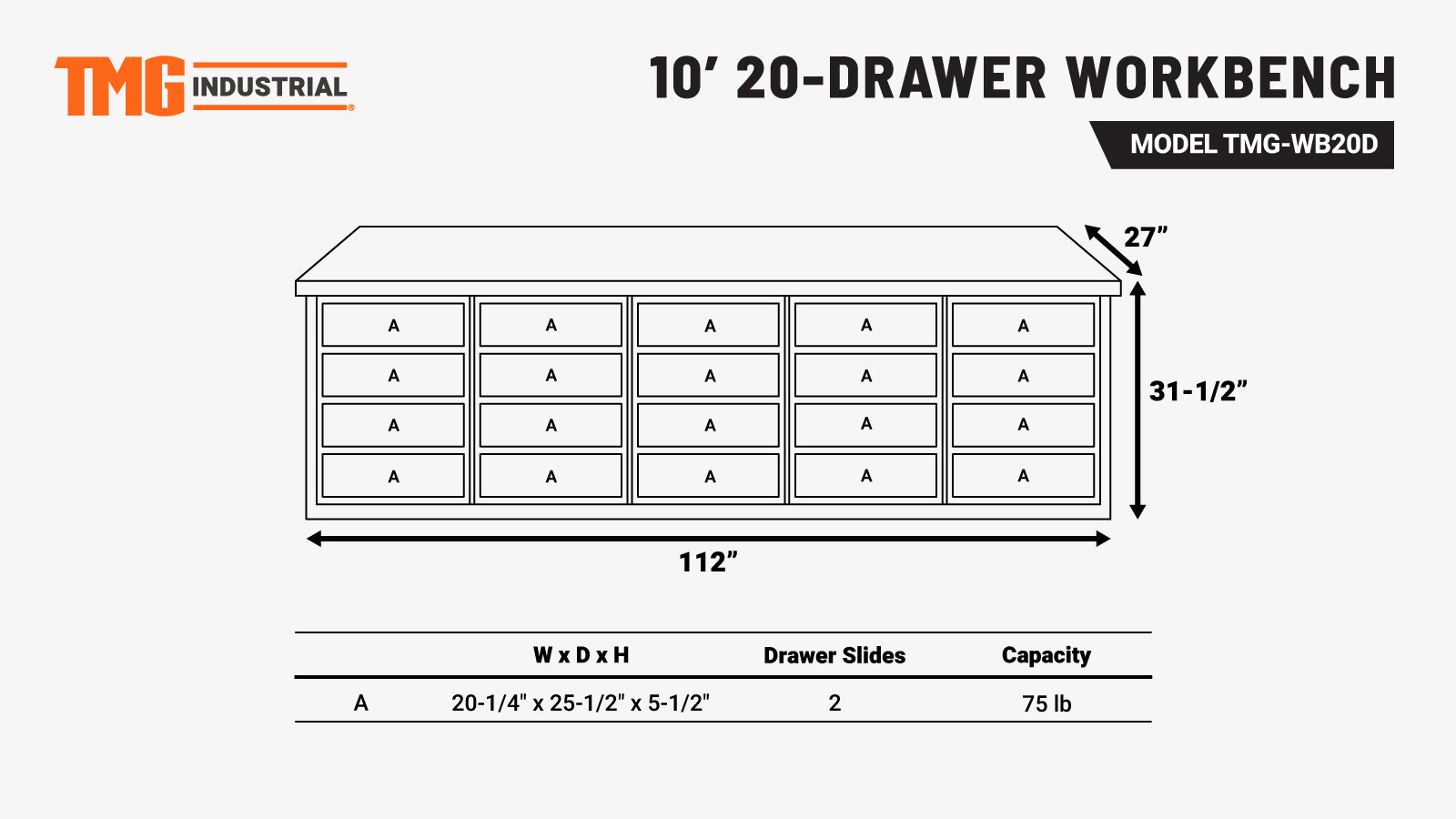 TMG-WB20D Établi de 10 pi à 20 tiroirs avec serrures à clé identique-specifications-image
