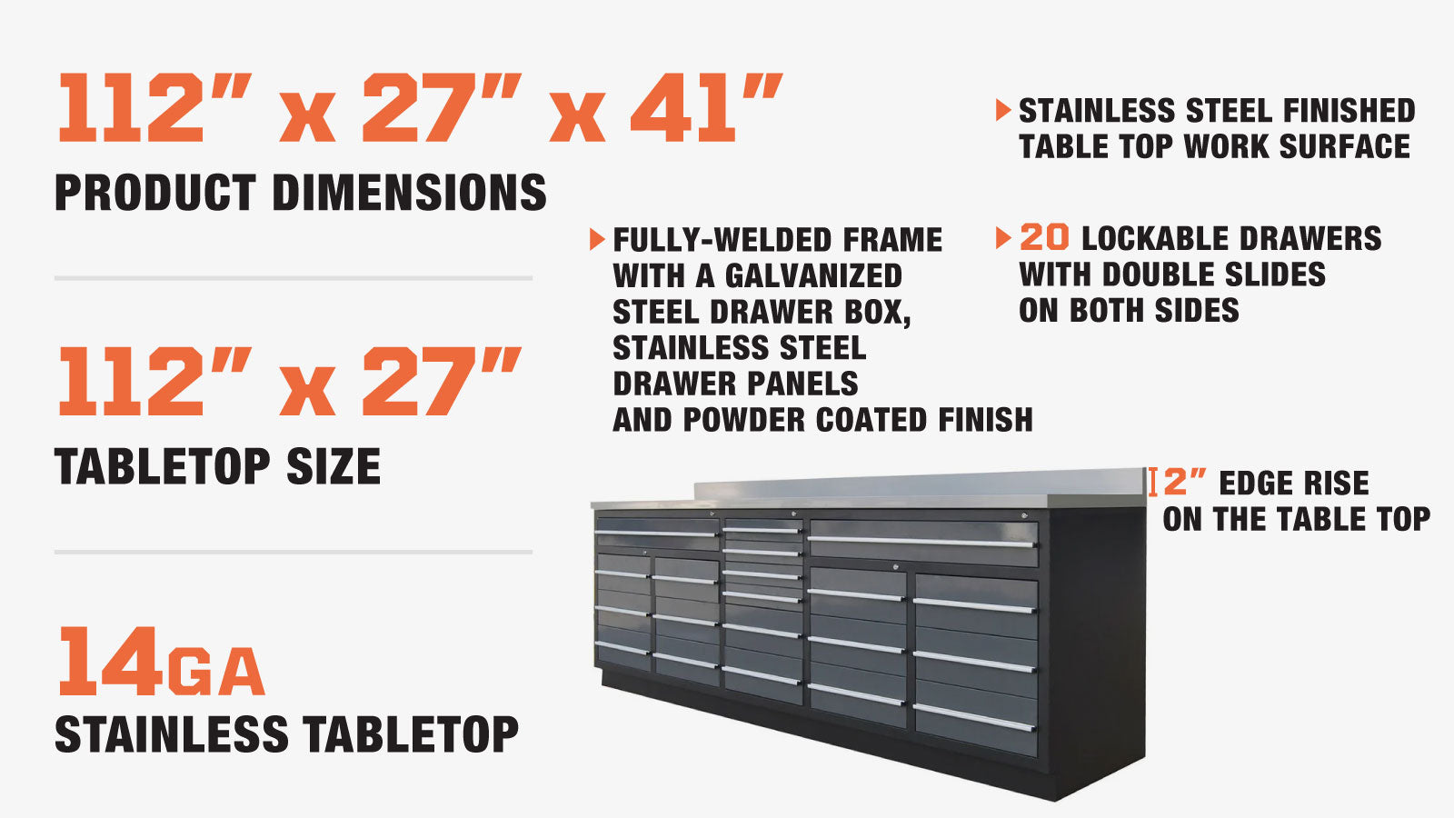 TMG Industrial Pro Series Établi de table en acier inoxydable de 10 pieds à 20 tiroirs, façades de tiroirs revêtues de poudre, tiroirs verrouillables à double glissière, cadre soudé tout-en-un, TMG-WB20DS-description-image