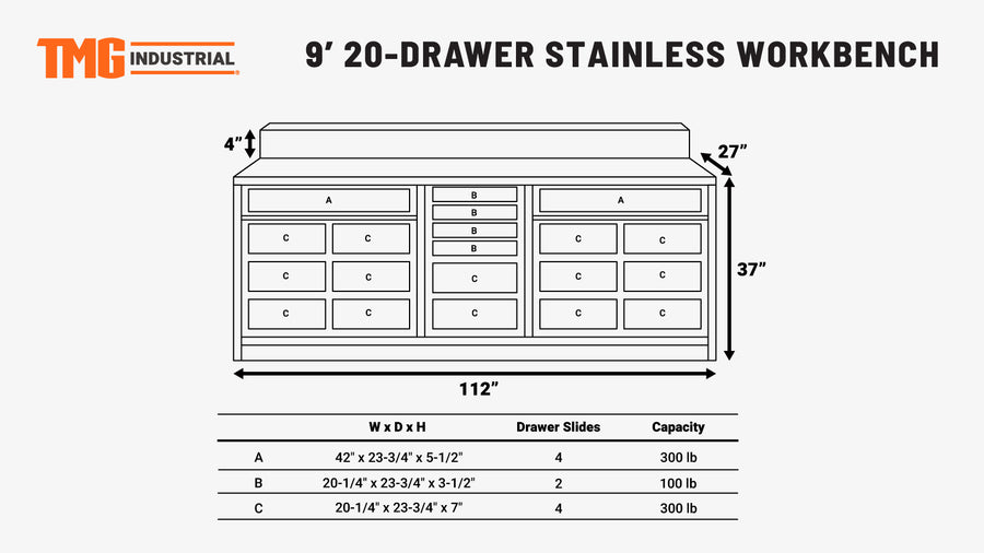 TMG Heavy Series™ 9-Ft 20 Drawer Stainless Steel Workbench, Ball Bearing Double Slides & Casters, TMG-WB921S (Previously TMG-WB21DS)