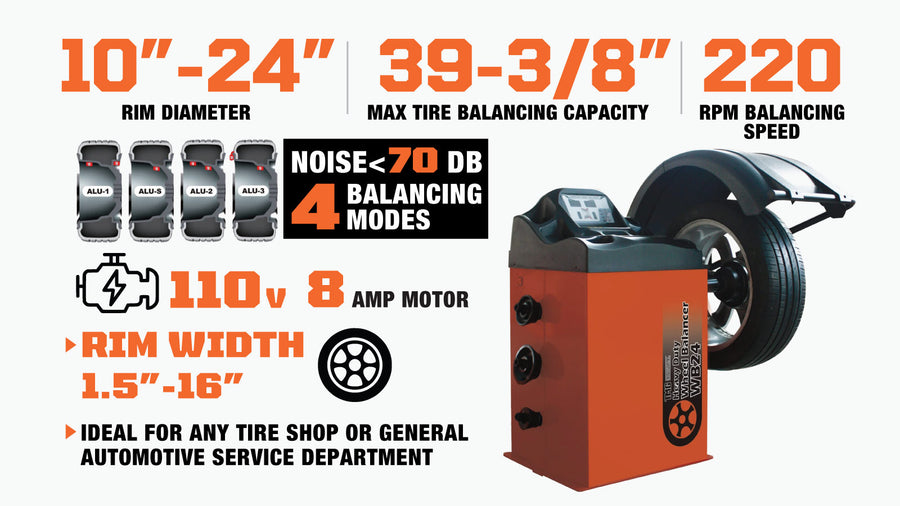 TMG Équilibreur de roue auto-calibrant industriel avec capot de protection, diamètre de jante 10"-24", informatisé, +/- 1 g de précision, modes d'équilibrage ALU, TMG-WB24H