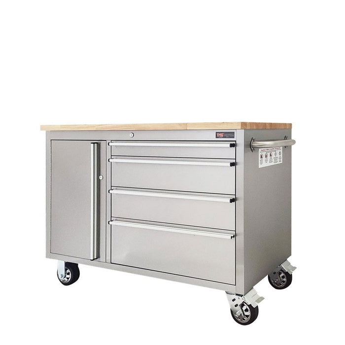 TMG Industrial 48” Stainless Steel Rolling Workbench, Rubberwood Tabletop, Lockable Drawers and Cabinet, Locking Wheels, TMG-WB4804S