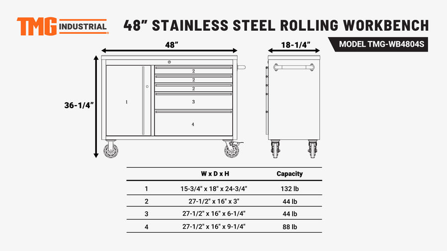 48" Stainless Steel Rolling Workbench, Rubberwood Tabletop, Lockable Drawers and Cabinet, Locking Wheels, (Discontinued – No Longer Available) TMG-WB4804S