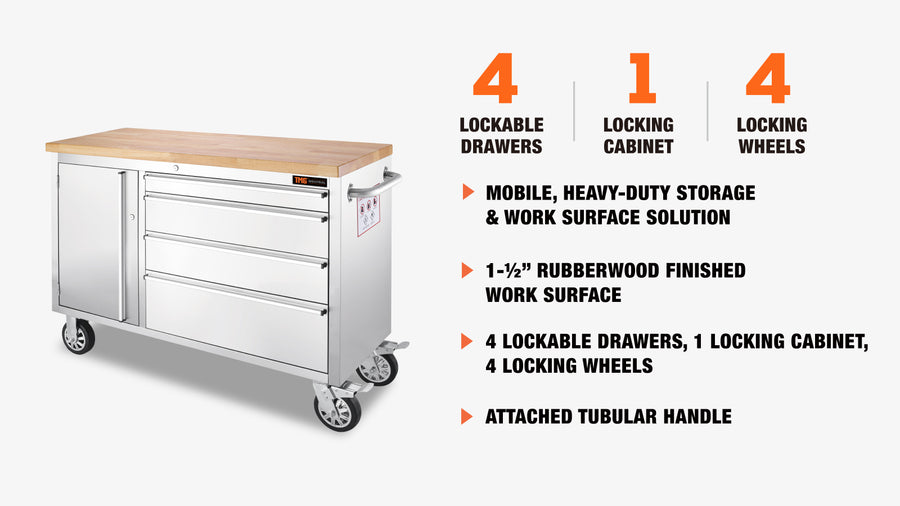 48" Stainless Steel Rolling Workbench, Rubberwood Tabletop, Lockable Drawers and Cabinet, Locking Wheels, (Discontinued – No Longer Available) TMG-WB4804S