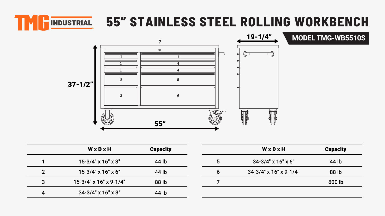 TMG Industrial 55” Stainless Steel Rolling Workbench, Rubberwood Tabletop, Lockable Drawers, Locking Wheels, TMG-WB5510S-specifications-image