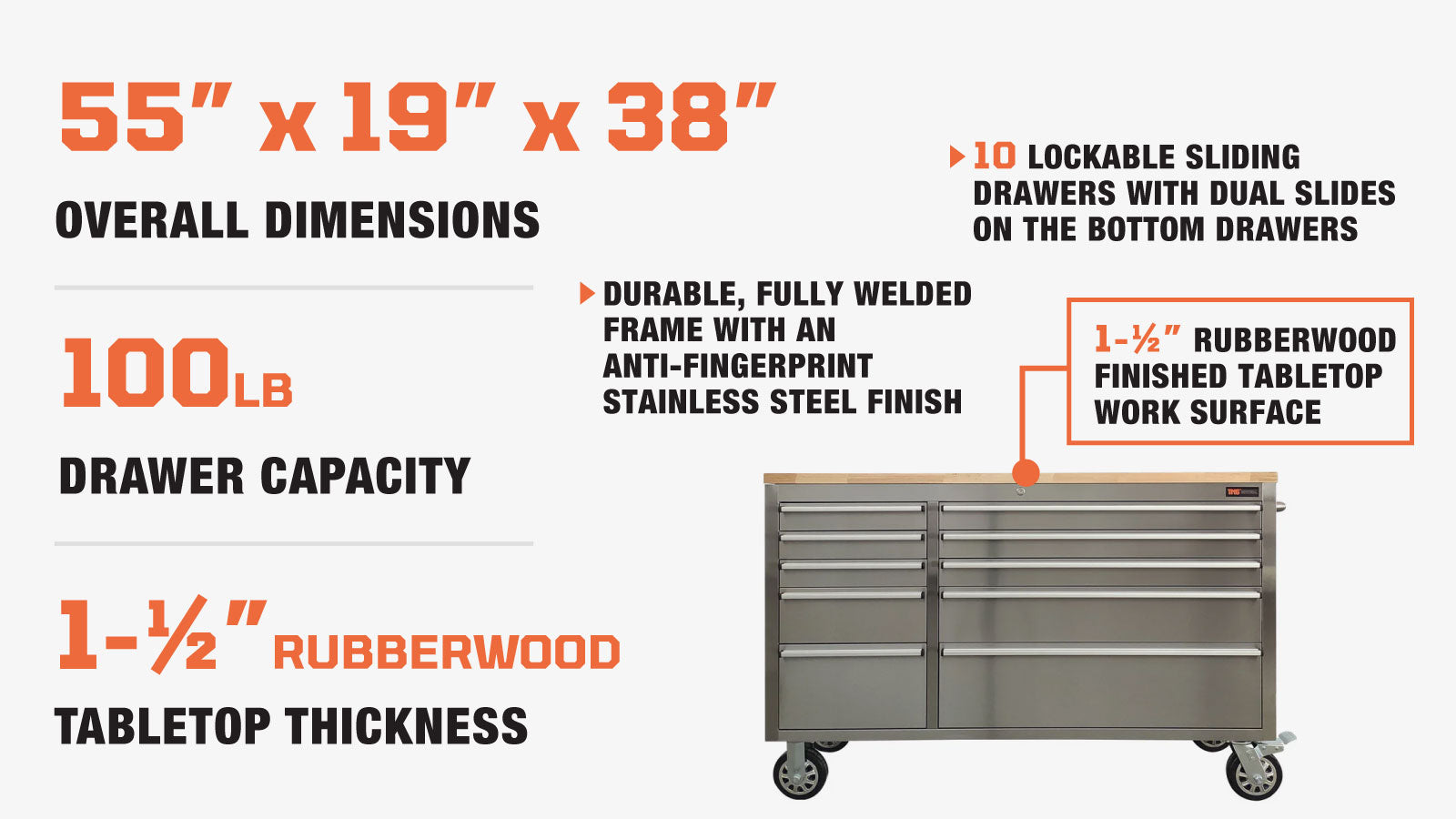 TMG Industrial 55” Stainless Steel Rolling Workbench, Rubberwood Tabletop, Lockable Drawers, Locking Wheels, TMG-WB5510S-description-image