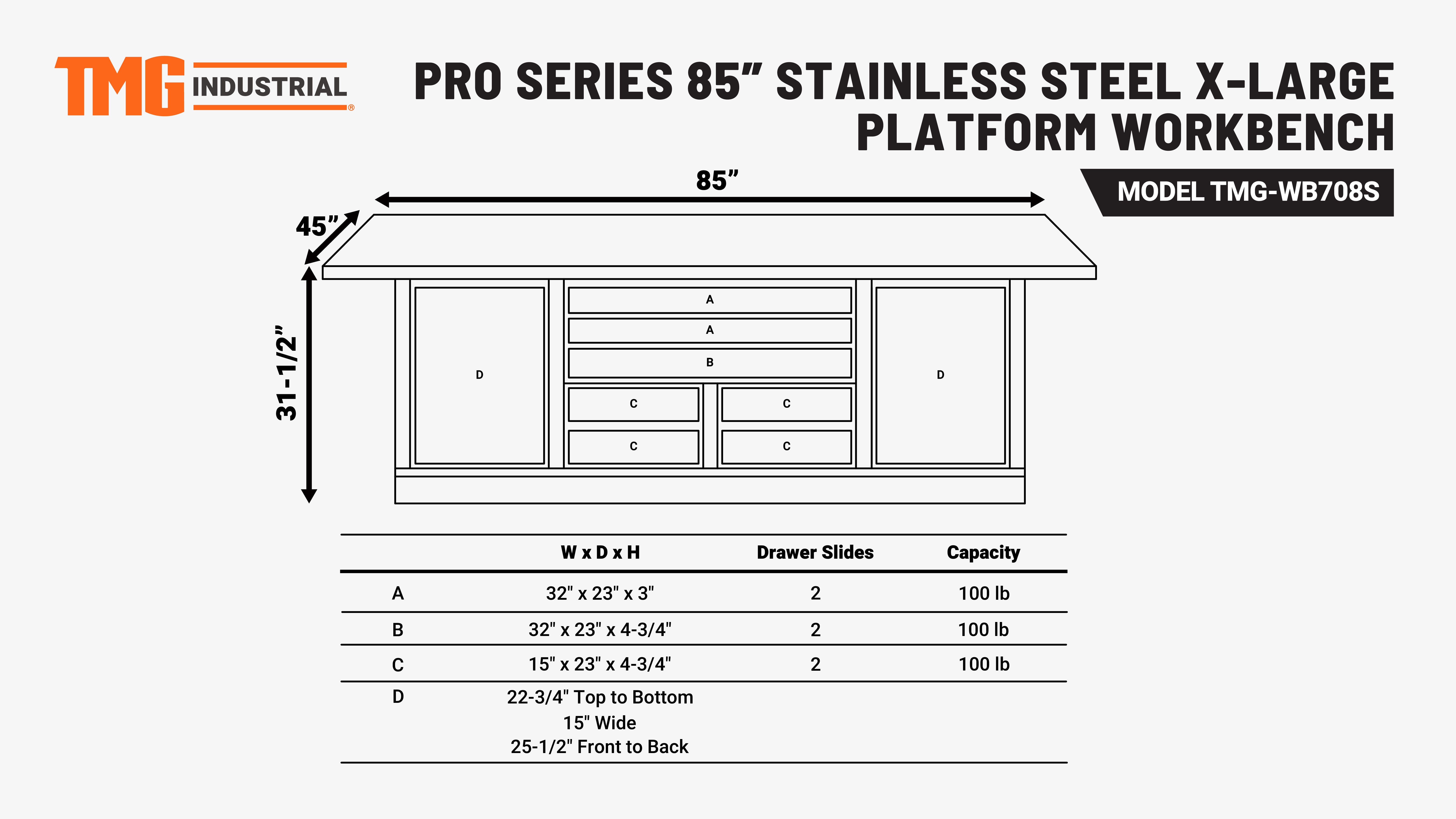 TMG Industrial Pro Series Stainless-Steel Extra-Large 85” x 45” Platform Workbench, 7 Lockable Drawers, 2 Storage Cabinets, Adjustable Shelving, All-in-One Welded Frame, TMG-WB708S (Previously TMG-WB85XS)-specifications-image