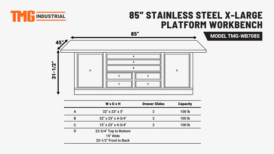 TMG Heavy Series™ Stainless-Steel Extra-Large 85" x 45" Platform Workbench, 7 Lockable Drawers, 2 Storage Cabinets, All-in-One Welded Frame, TMG-WB708S (Previously TMG-WB85XS)