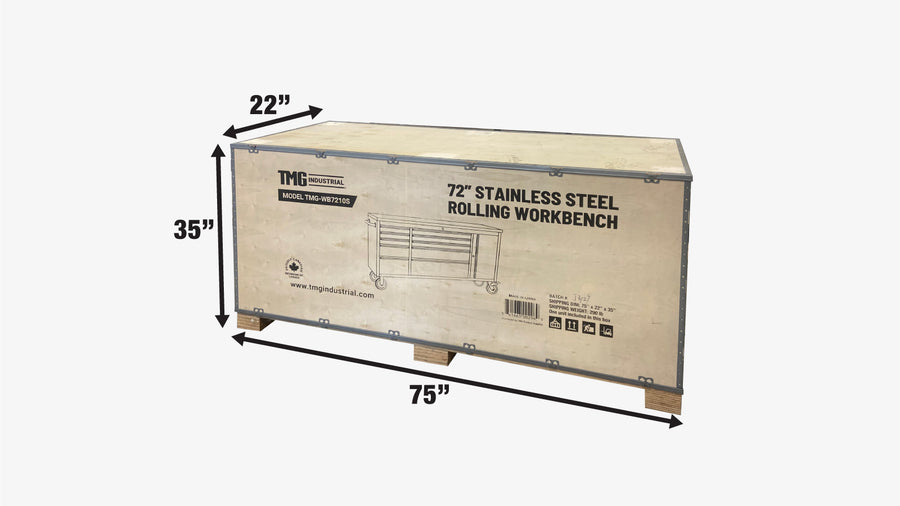 72" Stainless Steel Rolling Workbench, Rubberwood Tabletop, Lockable Drawers and Cabinet, Locking Wheels, TMG-WB7210S
