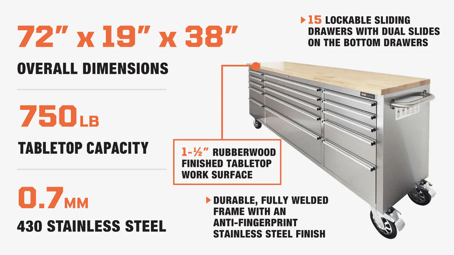 72" Stainless Steel Rolling Workbench, Rubberwood Tabletop, 15 Lockable Drawers, Locking Wheels, TMG-WB7215S(Discontinued – No Longer Available)