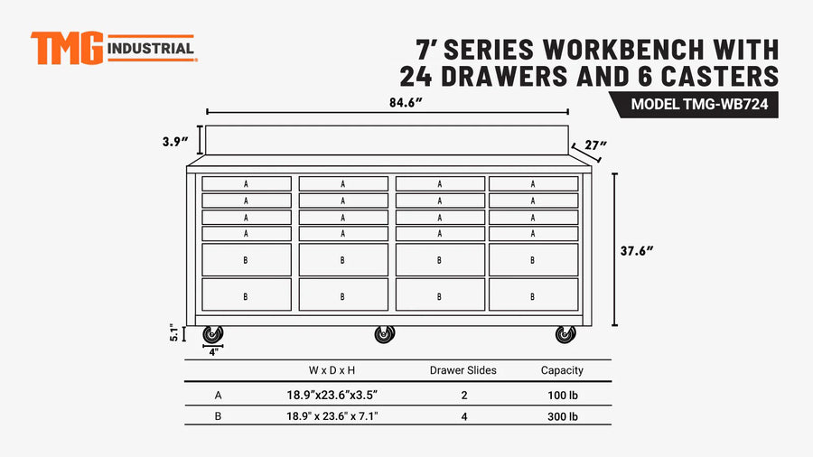 TMG Heavy Series™ 7-Ft 24-Drawer Workbench with Stainless Steel Top, Ball Bearing Double Slides & Casters, TMG-WB724