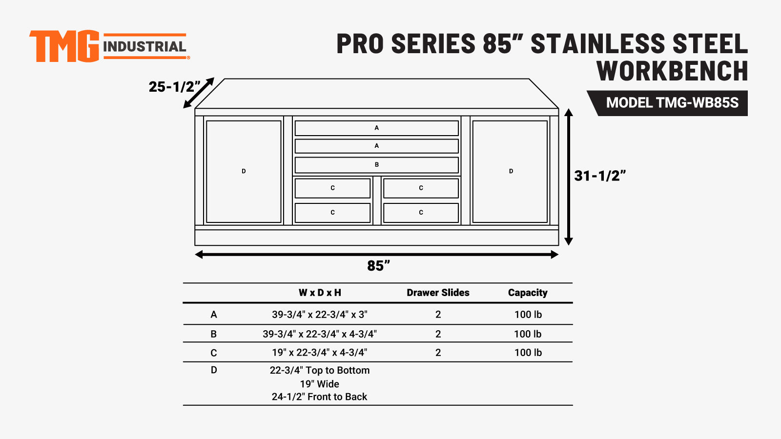 TMG Industrial Pro Series 85” Stainless Steel Workbench, 7 Lockable Drawers, 2 Storage Cabinets, Adjustable Shelving, All-in-One Welded Frame, TMG-WB85S-specifications-image