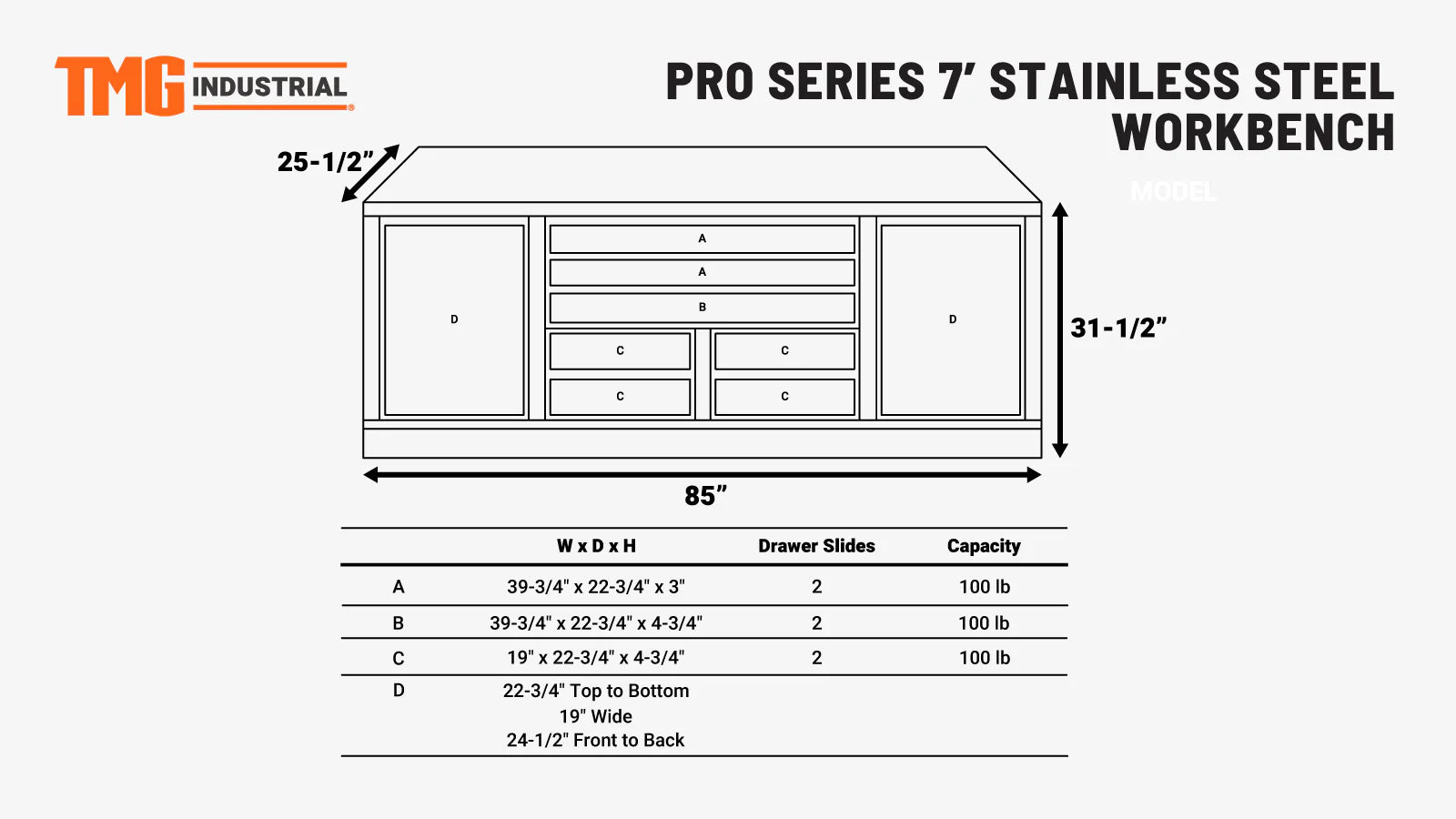 Pro Series 7’ Stainless Steel Workbench, 7 Lockable Drawers, 2 Storage Cabinets, All-in-One Welded Frame, TMG-WB707S (Previously TMG-WB85S)-specifications-image