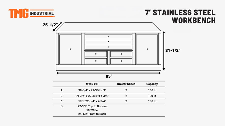 TMG Heavy Series™ 7' Stainless Steel Workbench, 7 Lockable Drawers, 2 Storage Cabinets, All-in-One Welded Frame, TMG-WB707S (Previously TMG-WB85S)