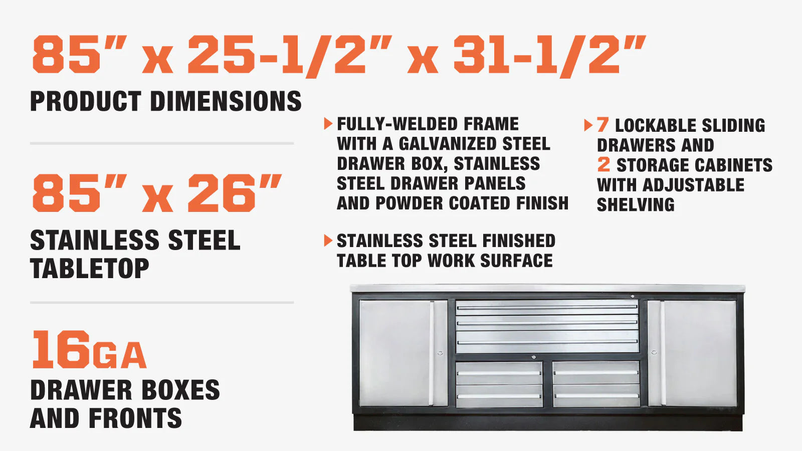 Pro Series 7’ Stainless Steel Workbench, 7 Lockable Drawers, 2 Storage Cabinets, All-in-One Welded Frame, TMG-WB707S (Previously TMG-WB85S)-description-image