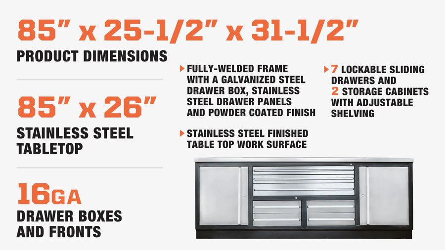 TMG Heavy Series™ 7' Stainless Steel Workbench, 7 Lockable Drawers, 2 Storage Cabinets, All-in-One Welded Frame, TMG-WB707S (Previously TMG-WB85S)