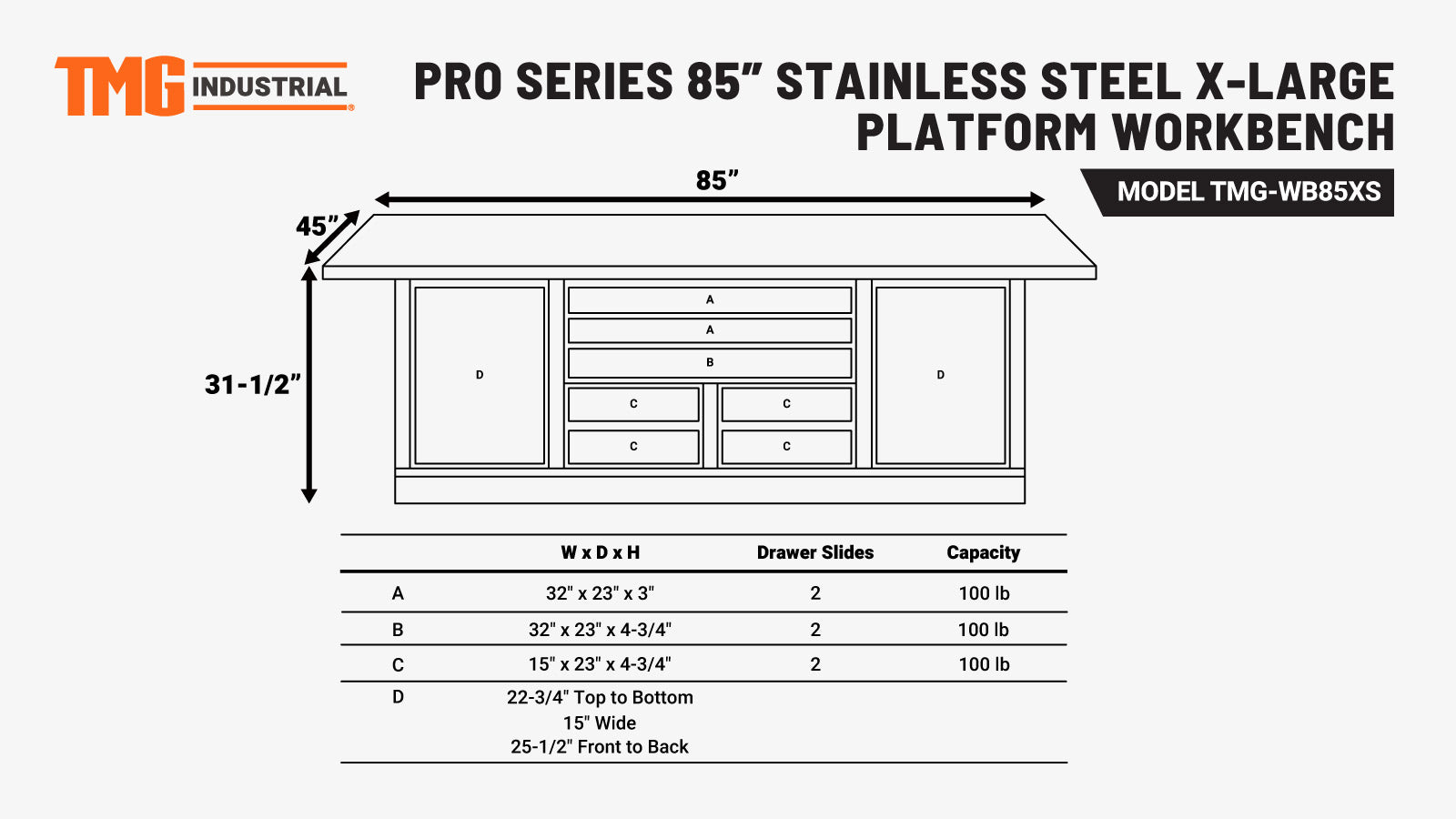 TMG Industrial Pro Series Stainless-Steel Extra-Large 85” x 45” Platform Workbench, 7 Lockable Drawers, 2 Storage Cabinets, Adjustable Shelving, All-in-One Welded Frame, TMG-WB85XS-specifications-image