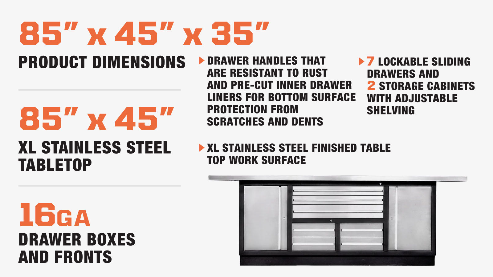 TMG Industrial Pro Series Stainless-Steel Extra-Large 85” x 45” Platform Workbench, 7 Lockable Drawers, 2 Storage Cabinets, Adjustable Shelving, All-in-One Welded Frame, TMG-WB85XS-description-image