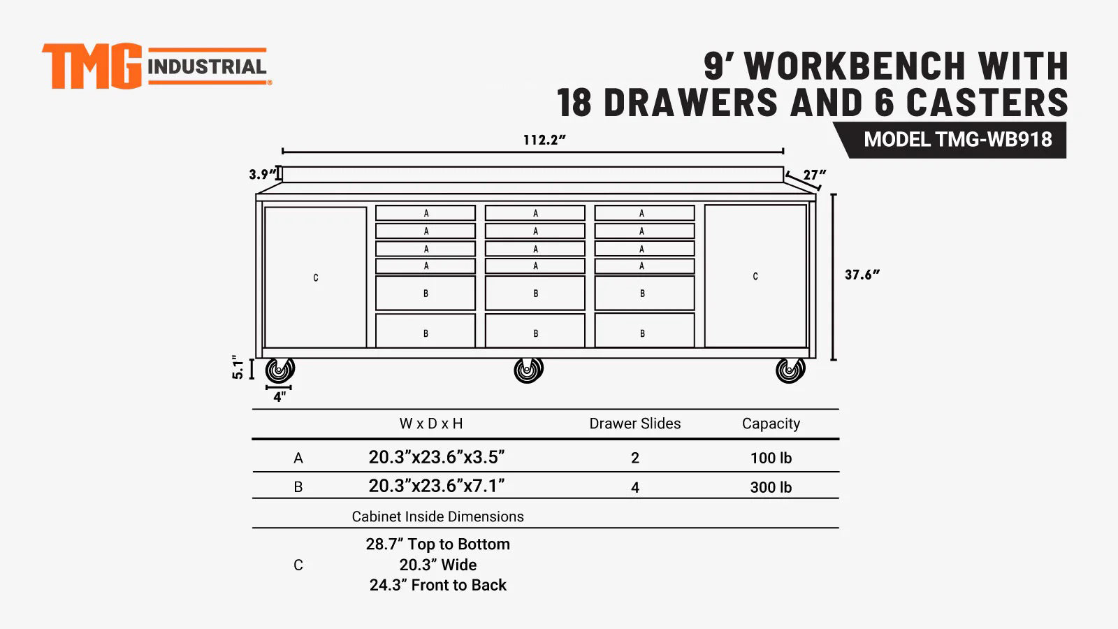 TMG Heavy Series™ 9-Ft 18-Drawer Workbench with Stainless Steel Top, Ball Bearing Double Slides & Casters, TMG-WB918-specifications-image