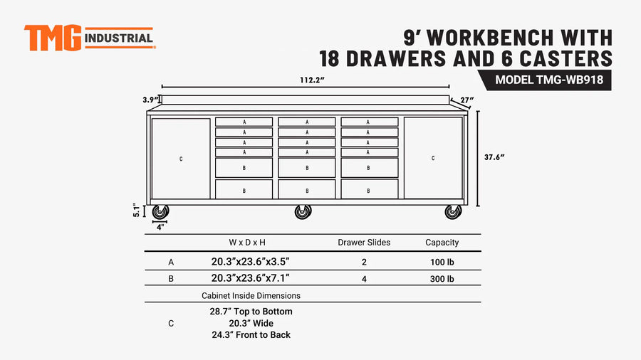 TMG Heavy Series™ 9-Ft 18-Drawer Workbench with Stainless Steel Top, Ball Bearing Double Slides & Casters, TMG-WB918