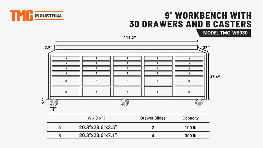 TMG Heavy Series™ 9-Ft 30-Drawer Workbench with Stainless Steel Top, Ball Bearing Double Slides & Casters, TMG-WB930