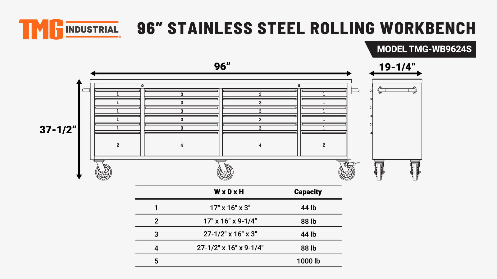 TMG Industrial 96” Stainless Steel Rolling Workbench, Rubberwood Tabletop, 24 Lockable Drawers, Locking Wheels, TMG-WB9624S-specifications-image