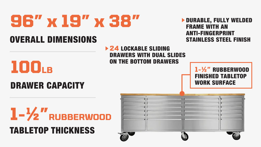 96" Stainless Steel Rolling Workbench, Rubberwood Tabletop, 24 Lockable Drawers, Locking Wheels, TMG-WB9624S