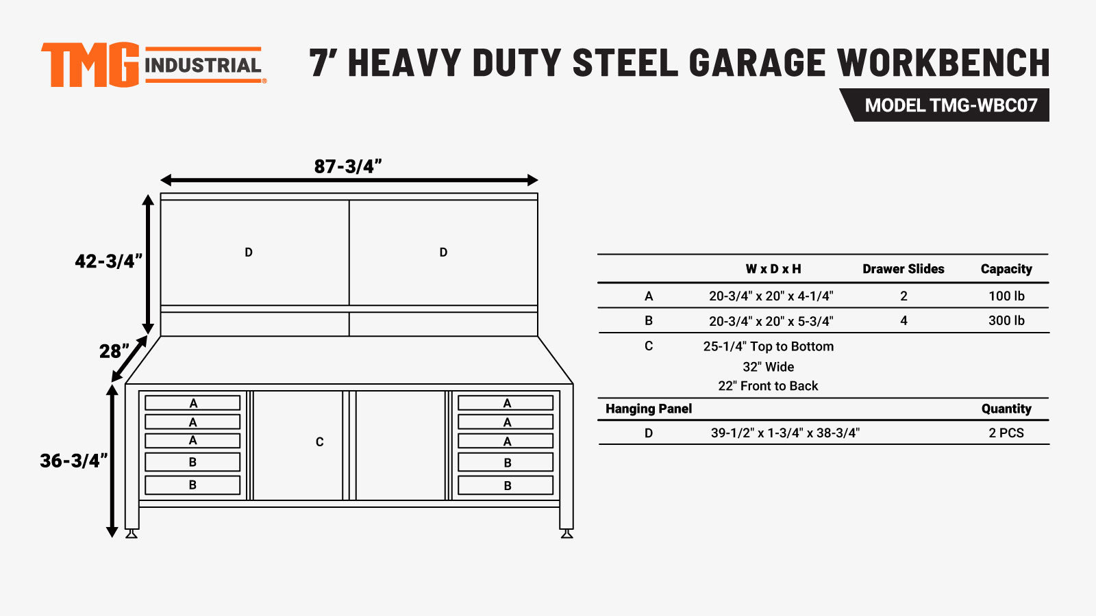 Établi de garage en acier TMG Industrial 7' Extreme Duty avec panneaux perforés, étagères réglables, prises de courant, port USB, lampes LED à mouvement magnétique, TMG-WBC07-specifications-image
