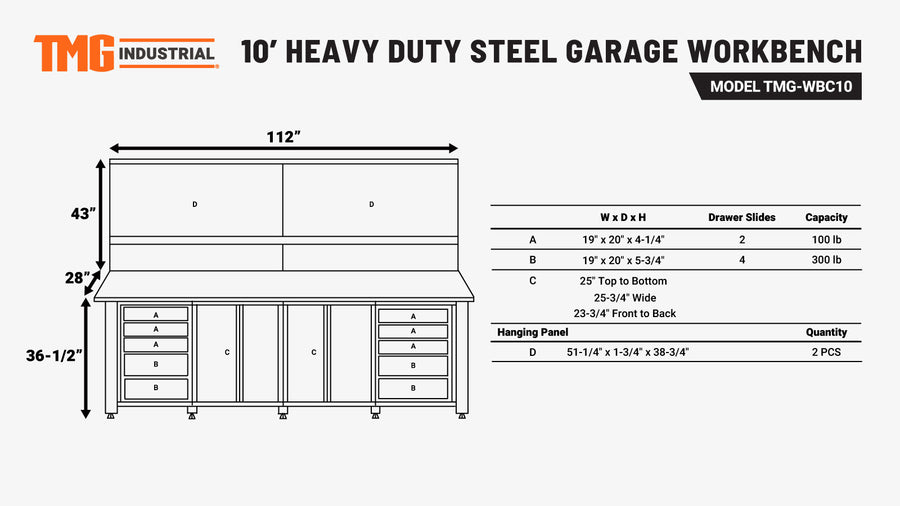 10' Commercial-Grade Workbench w/Pegboard, Solid Wood Top & Bench Vise, TMG-WBC10