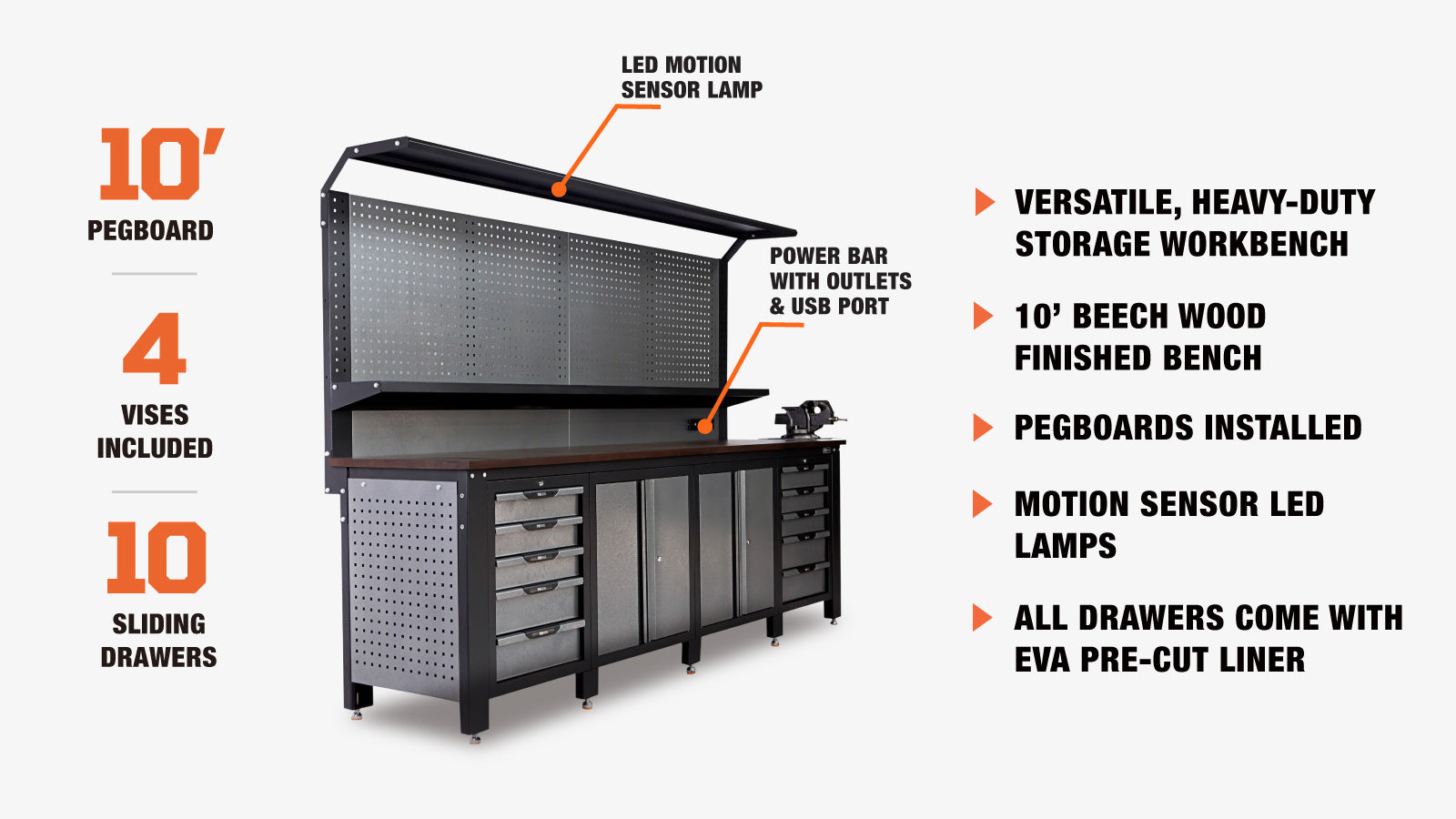 TMG Industrial 10’ Extreme-Duty Steel Garage Workbench w/Pegboards and 4